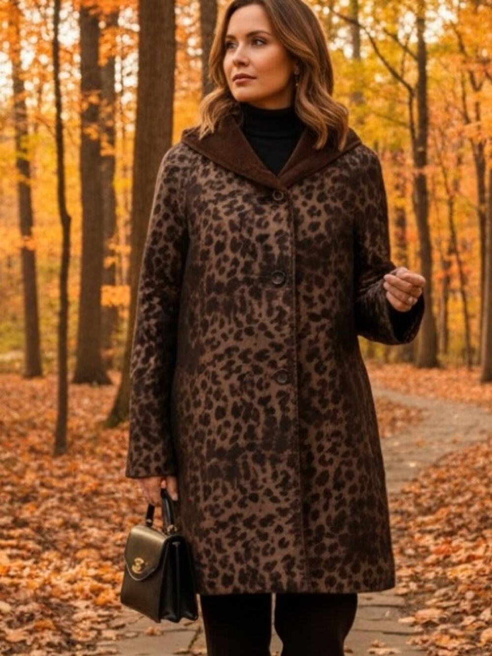 dennis basso Brown Leopard Print mid length Reversible Brown Coat Size large